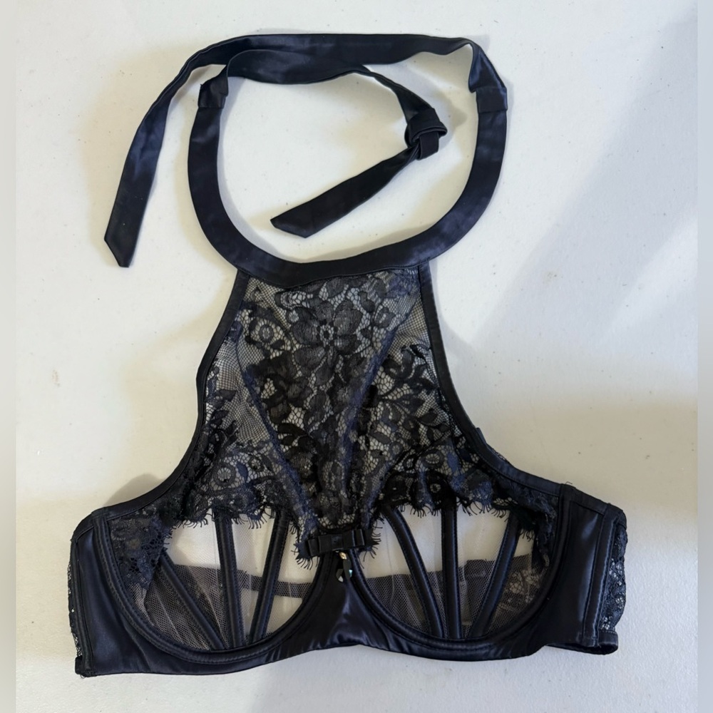 Honey Birdette Black Lace High-Neck Cage Underwire Bra